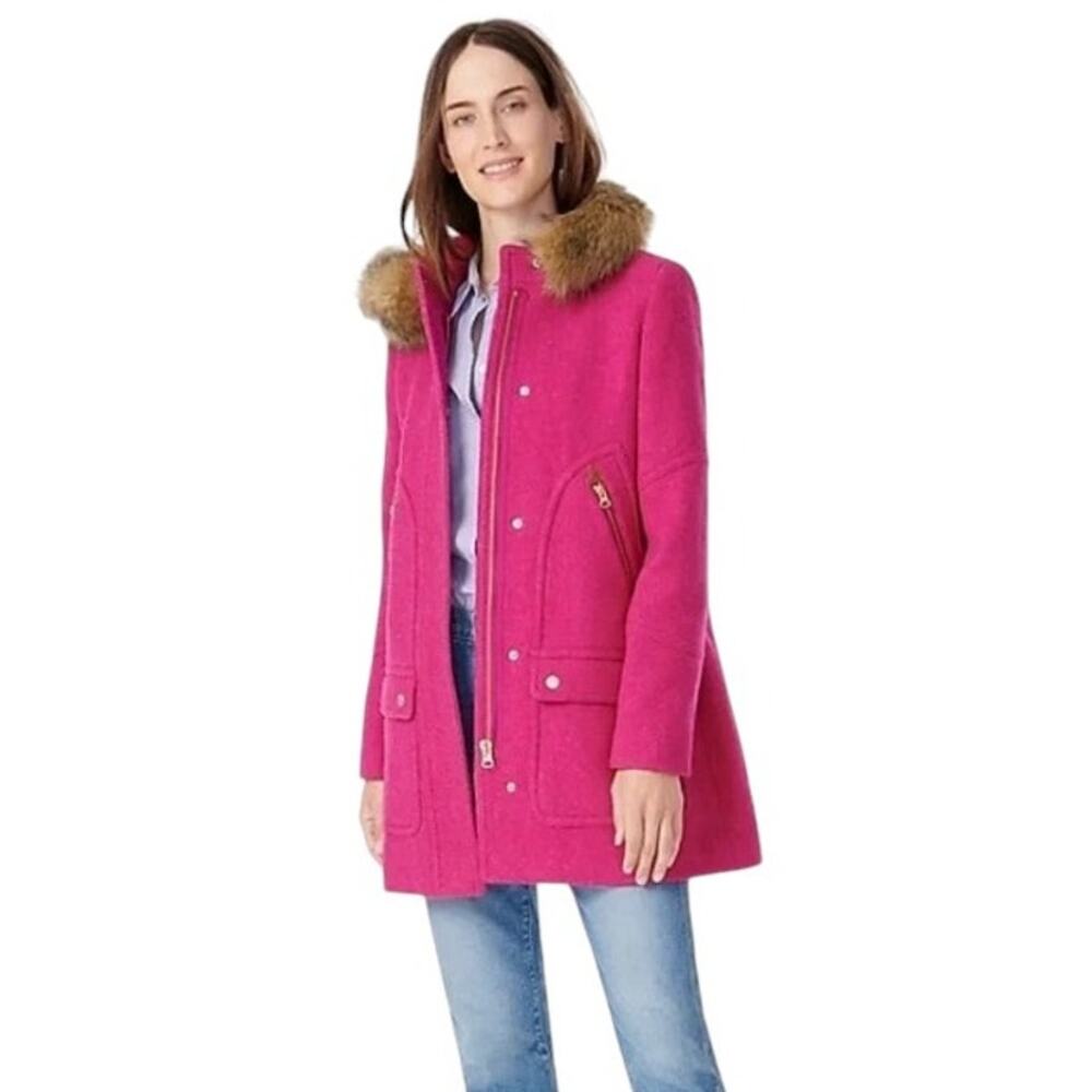J. Crew Pink Faux Fur Hooded Stadium Wool Parka Coat